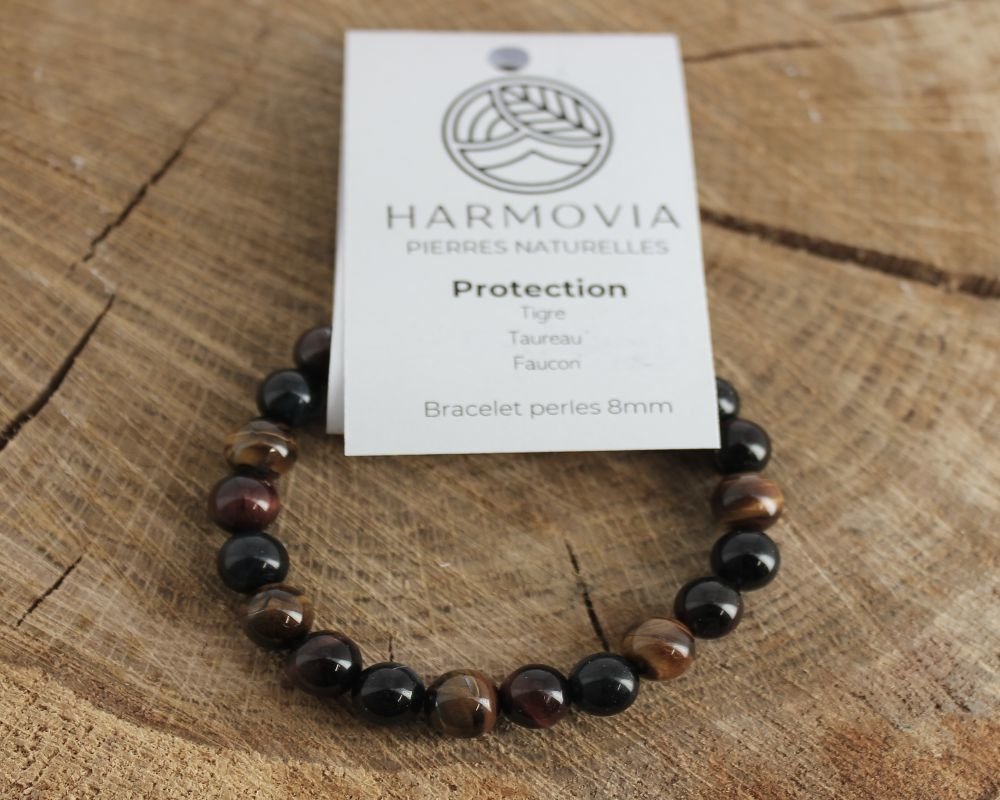 Bracelet 10/12 mm en oeil de taureau, tigre et faucon