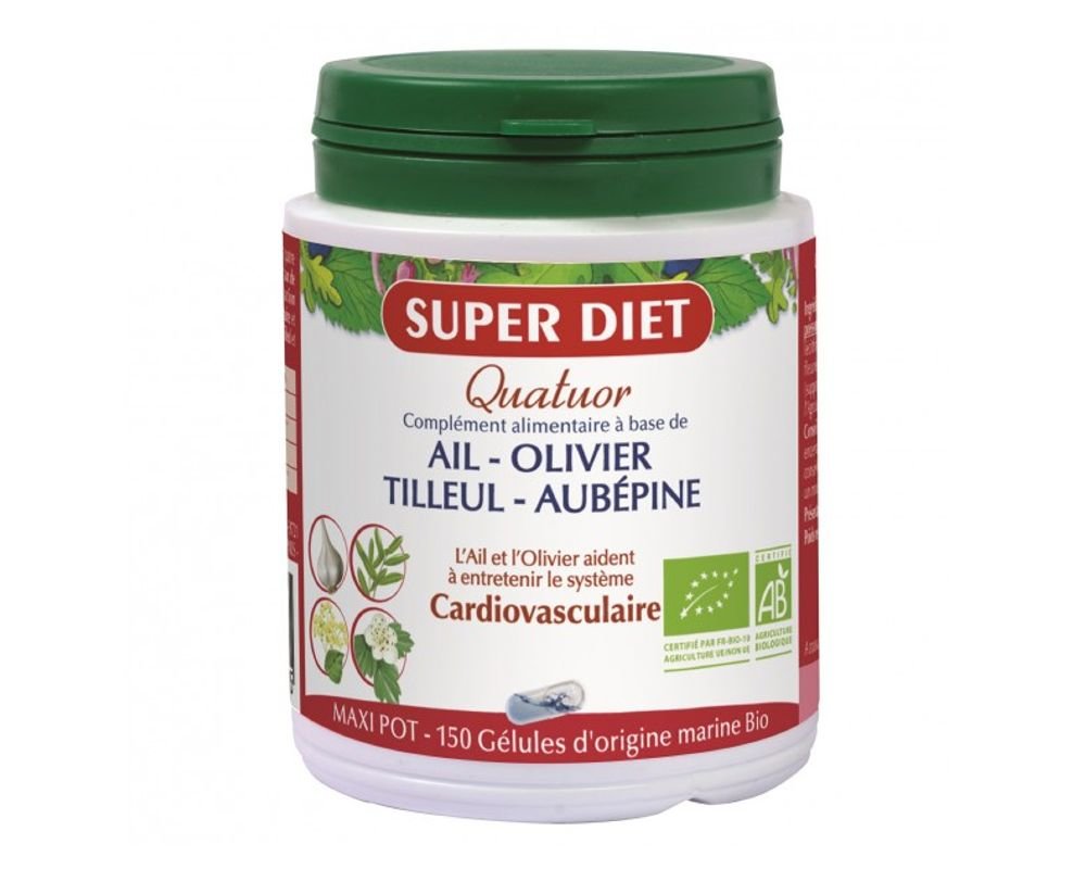 SuperDiet Quatuor Ail Cardiovasculaire - Complément Bio à L'ail, Tilleul, Olivier, Aubépine, 150 Gélules