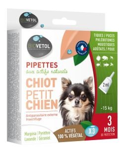 Pipettes antiparasitaires - Chiot/Petit Chien - emballage abîmé, 3 pièces