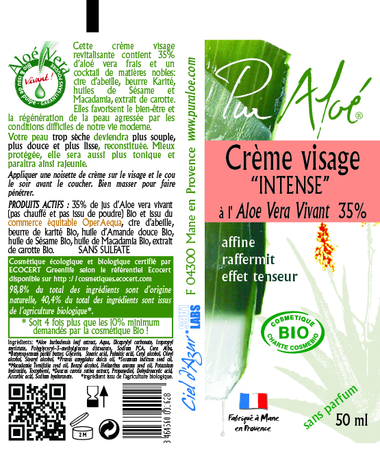 Etiquette Crème visage intense Pur Aloe