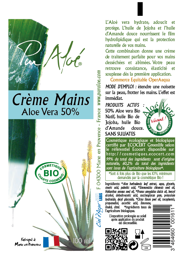Etiquette crème mains Pur Aloe