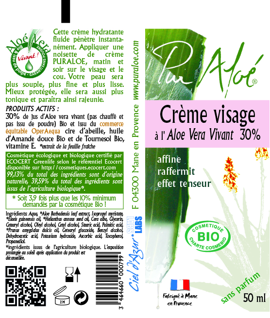 Etiquette Crème visage Pur Aloe