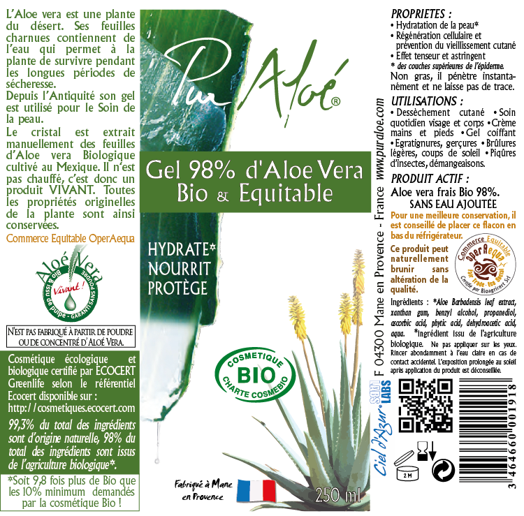 Etiquette Gel d'aloe vera 98% Pur Aloe