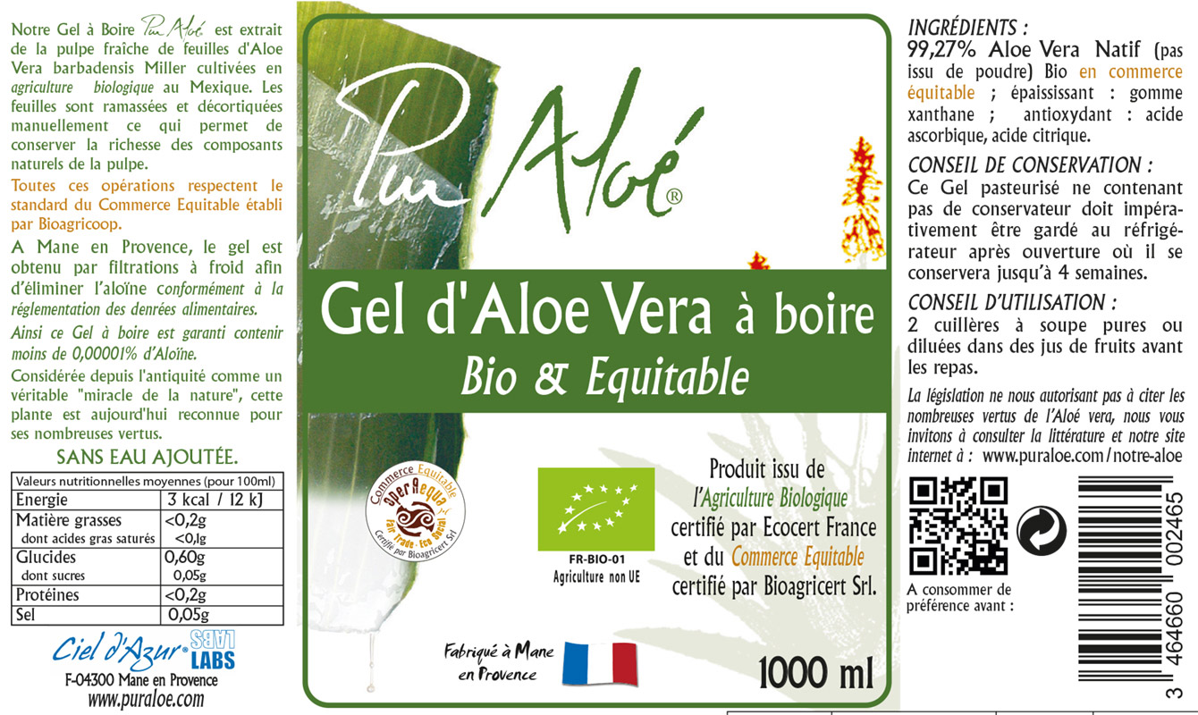 Etiquette gel d'aloe vera à boire 1L Pur Aloe