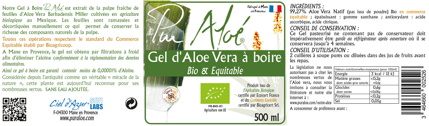 Etiquette gel à boire 500ml Pur Aloe