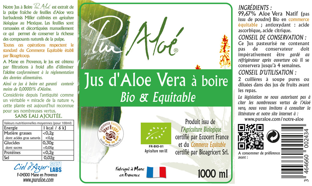 Etiquette jus d'aloe vera à boire 1L Pur Aloe