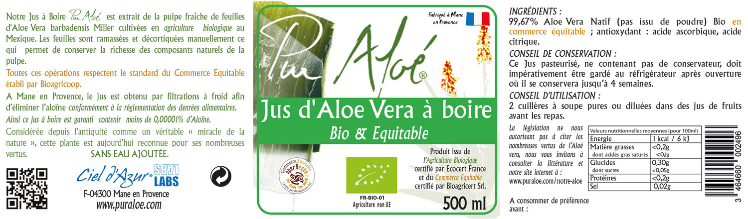 Etiquette jus d'aloe vera à boire 500ml Pur Aloe