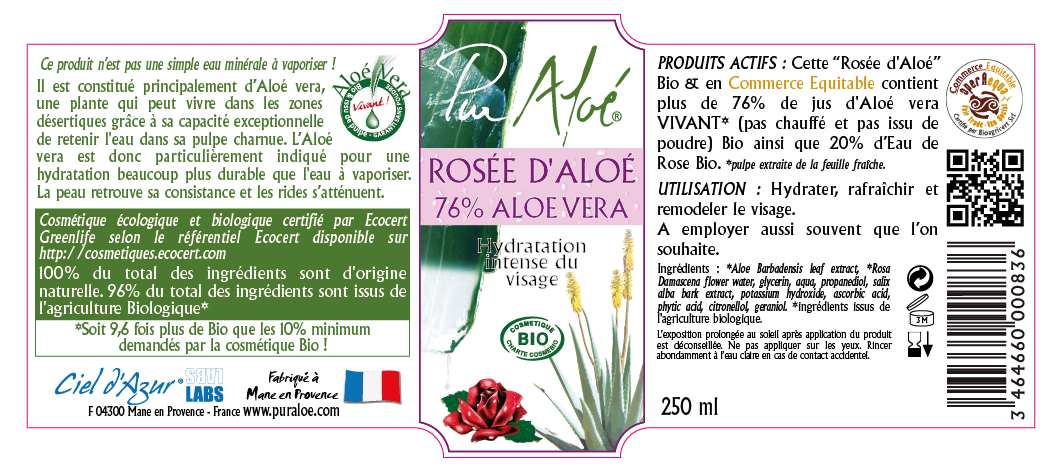 Etiquette Rosée d'aloe vera Pur Aloe